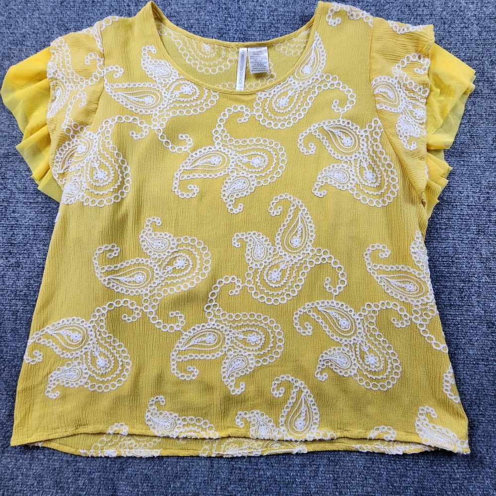 Forgotten Grace 1X Yellow Paisley Embroidered Ruffle Mesh Flowy Boho Top Shirt - Picture 5 of 11